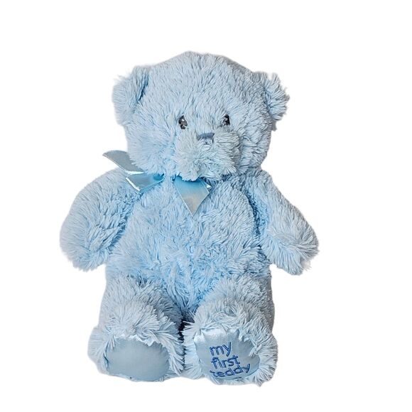 Baby Gund My First Teddy Bear Blue Embroidered Plush Stuffed Toy Satin Feet - Picture 1 of 7